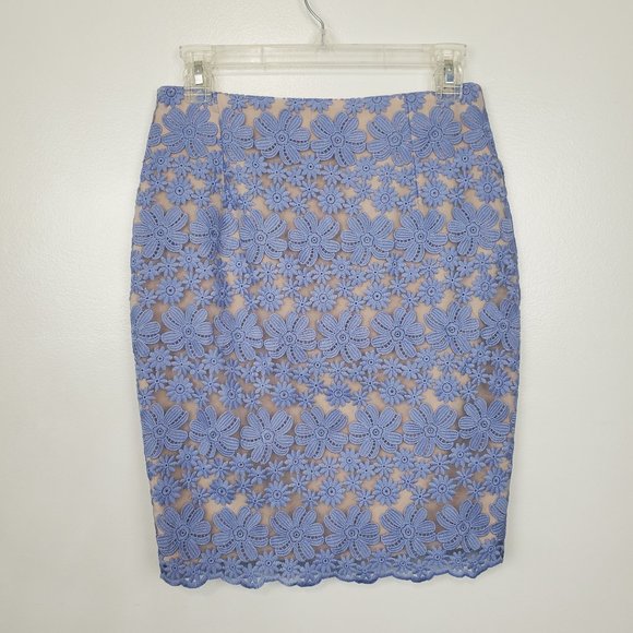 English Factory Blue Floral Lace Nude Colored Lining Pencil Skirt, S - Picture 5 of 13